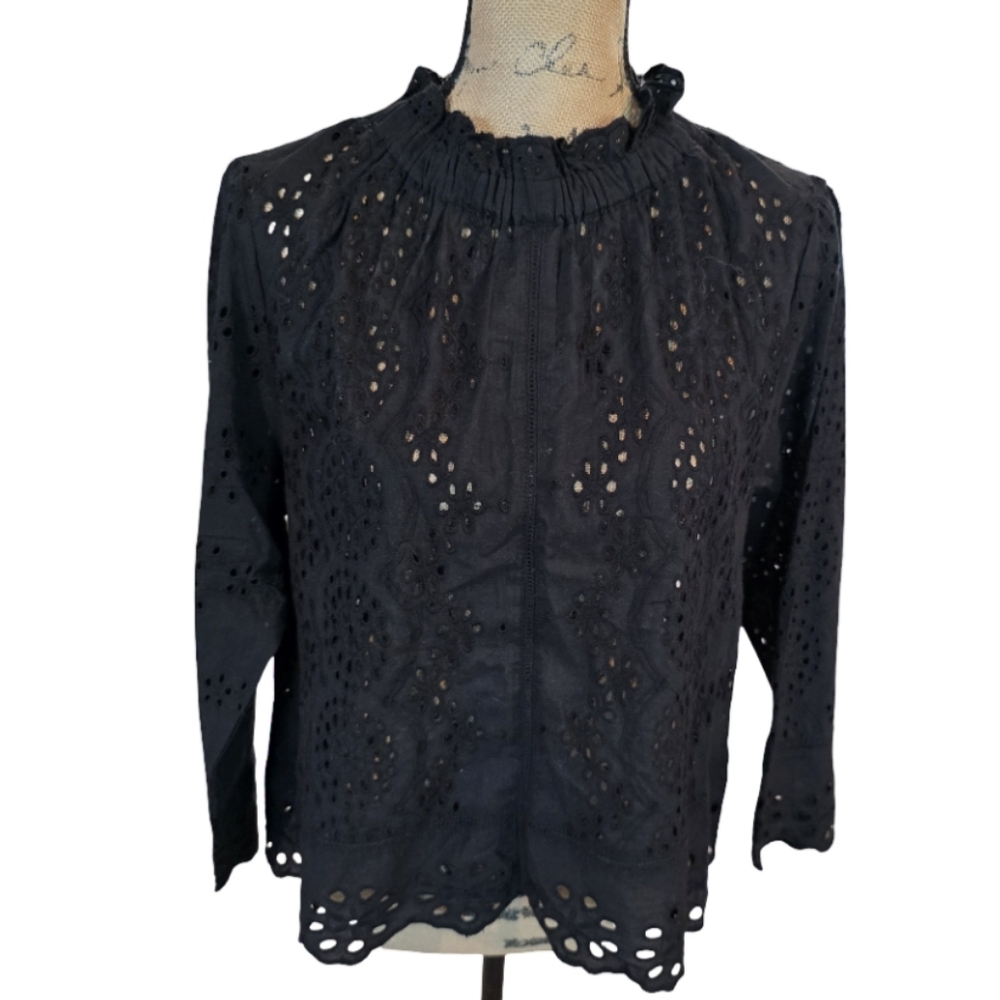 Jennifer & Grace Black Eyelet Cotton Ruffle Neck Button Back Blouse Size M New